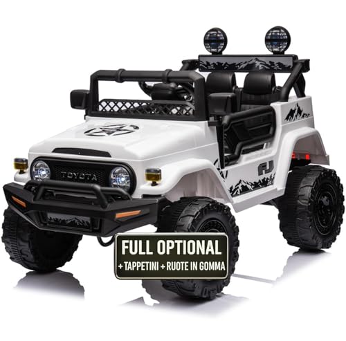 TOYSCAR Auto Macchina Elettrica per Bambini Jeep Toyota Fj Cruiser 12V Ruote in Gomma Full Optional Sedile Pelle Porte Apribili Tappetino e Telecomando (Bianco)