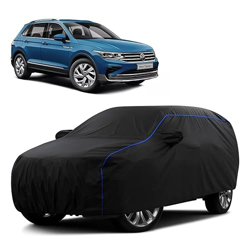 Image of Sulfar 100% Water Resistant Car Body Cover Compatible with Mirror for Volkswagen Tiguan (Triple Stitched, Full Bottom Elastic, Black Tafetta with Blue Piping)