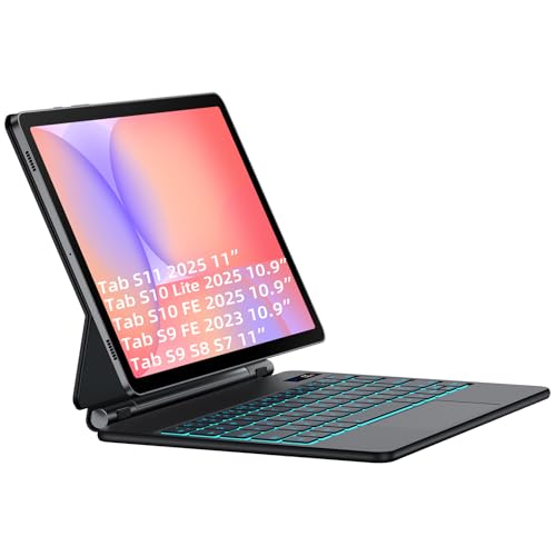 Image of JUQITECH Magic Keyboard Case for Samsung Galaxy Tab S10 Lite S10 FE 2025 S9 FE 10.9 Inch S11 S9 S8 S7 11 inch, Floating Cantilever Magnetic Stand Wireless Backlit Trackpad Keyboard, S Pen Slot LED Display
