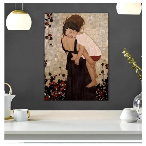 Une mère tenant un enfant peinture Klimt tableau vibrant d'émotion