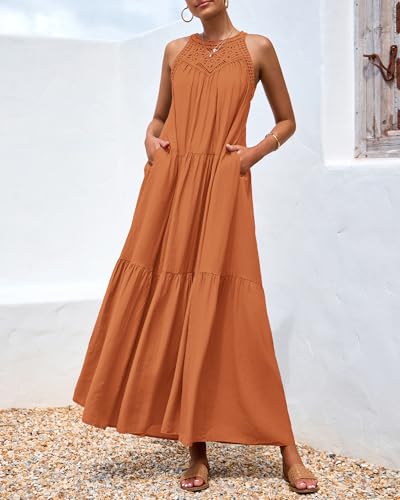 Image of BTFBM Halter Summer Dresses for Women 2026 Casual Spring Hollow Out Sleeveless Boho Sundresses Beach Vacation Maxi Dress