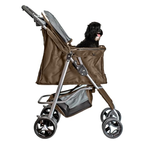 AQPET Passeggino Pieghevole per Cani di Taglia Medio Piccola, Carrello per Animali Domestici Comodo e Pratico, Carrozzina con Doppie Ruote girevoli, 75x45x100 cm, Colore Marrone coffee
