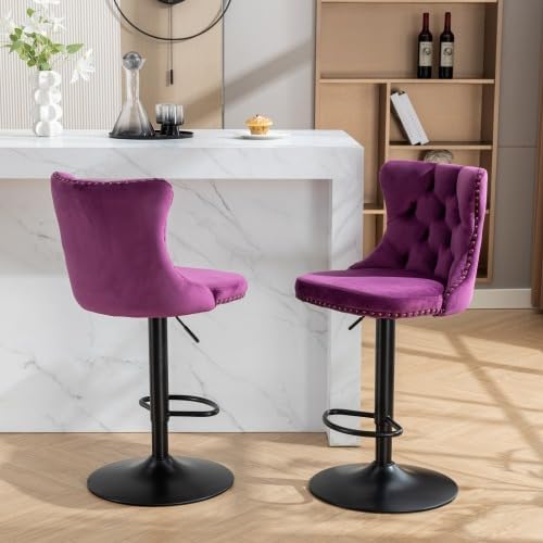 Set of 2 Swivel Velvet Barstools Adjusatble Seat Height Modern Upholstered Bar Stools with Backs Comfortable Tufted for Home Pub and Kitchen Island (Purple)