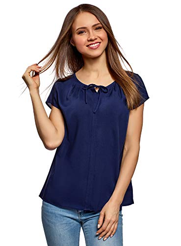 oodji Ultra Mujer Blusa Ancha con Lazo, Azul, ES 38 / S