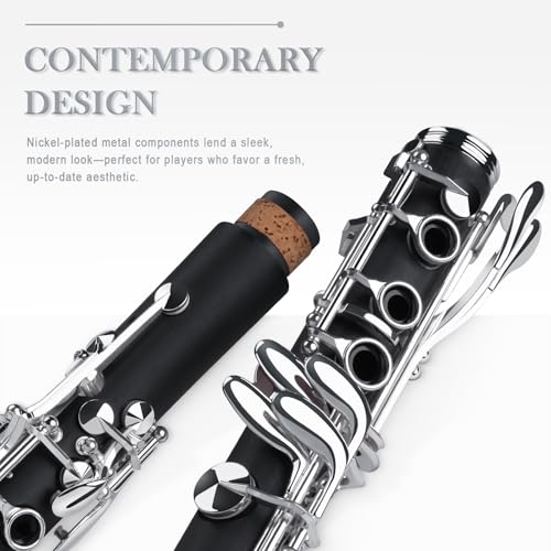 SONICAKE B Flat Clarinet for Beginner & Student, Nickel-plated Bb Ebonite Clarinet 2 Barrels, Reeds with Cleaning Kit, White Gloves and Hard Case, Black, QCR-01
