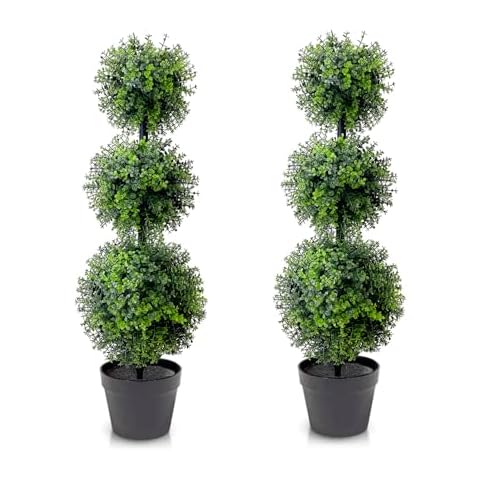 AIPETREE Artificial Topiaries Boxwood Trees, 35.8” Faux Plant Topiary Ball Tree Faux Potted Plants 2 Pack 3 Balls-Shape Faux Topiaries Plant for Balcony, Backyard, Wedding, Garden and Home Décor Cover