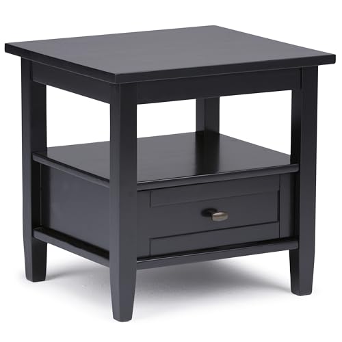 SIMPLIHOME Warm Shaker End Table - 20" Wide x 20" High Solid Wood Side Table in Black, Transitional Accent Table for Living Room or Bedroom with Drawer, Open Shelf and Square Tapered Legs
