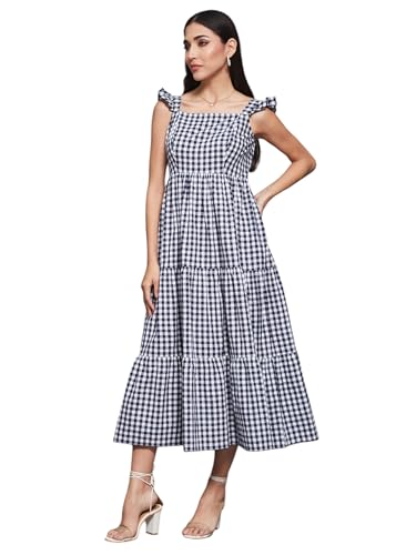 Image of Miss Chase Women's Round Neck Sleeveless Polyester Ruffled Knee- Length Dress
