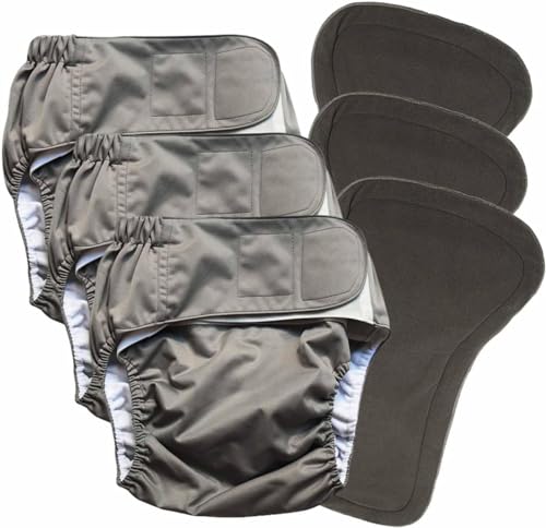 3 Pack Cloth Adult Diapers with Oversized Inserts, TPU Nappies Reusable Washable Incontinence Care Protection Diaper for Men or Women, Elderly, Waist 23.6-35.4In(M)