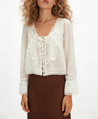 Image of Women Summer Sheer Tie Front Top Y2k Peplum Chiffon Blouse Eyelet Long Sleeve Flowy Lace Beach Cover Up Boho Tops