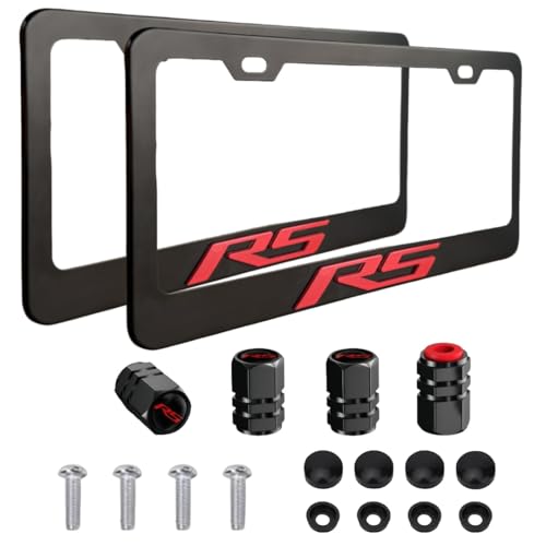 2Pack Matte Black Aluminum Alloy License Plate Covers Frames 4PCS Valve Stem Caps Covers Compatible with Chevy Equinox Malibu Camaro Traverse Blazer Cruze Trailblazer Trax Accessories (RED-RS)