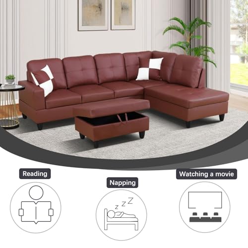 Image of Red L-Shaped 3-Piece Faux Leather Sofa with Storage Ottoman Set, Sectional Couch Leather-Like Sofa Set for Living Room, Office, Small Space