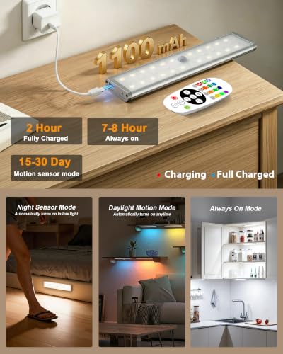 Image of SZOKLED Motion Sensor Night Lights, 58-LED RGB Under Cabinet Lighting Wireless, 1100mAh Rechargeable Under Cabinet Lights Dimmable Closet Lights for Step, Stair, Kitchen,Hallway (2 Pack)