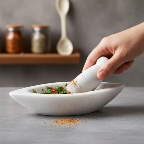 Image of Marble Mortar and Pestle Set Stone, Khalbatta, Kharal, Okhli, Imamdasta, Musal, Masher, Mixer, Idikallu, Silbatta for Kitchen Boat Shape 7 Inch