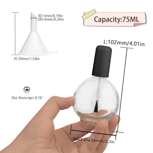 6PCS Large Capacity 75ML Empty Nail Polish Bottles with Brush, Large Spherical Refillable Glass Cuticle Oil Bottles Containers with Funnel & Mixing Balls 2.6oz for DIY Nail Art Cuticle Oils (Black)2