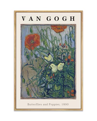 Vincent Van Gogh Framed Wall Art Print Butterflies And Poppies Flowers by Van Gogh Canvas Prints Painting Reproduction for Living Room Bedroom Kitchen Office Home Decor 12"x16" Natural Framed - image 1