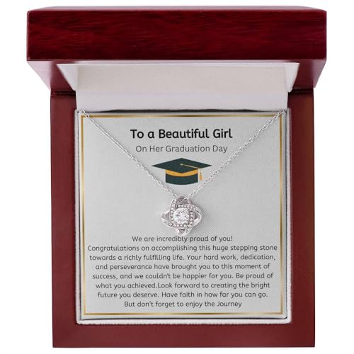 Graduation Gift For Her, 2024 Grad Love Knot/Alluring Necklace, College Graduation, High school graduate, graduation keepsake (14k white gold/Mahogany Box with light, Love Knot Pendant)