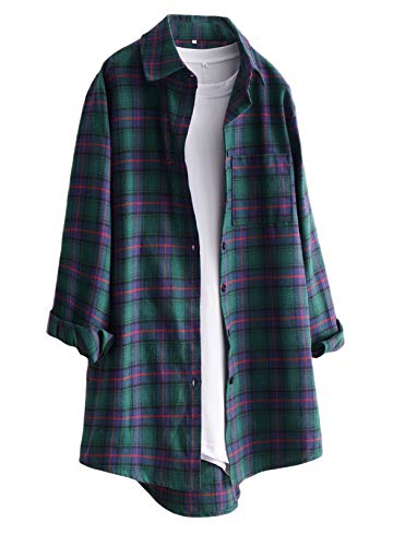 Minibee Women's Cotton Blouses Tops Plaid Long Sleeve High Low Button Down Shirts Tunic Green L