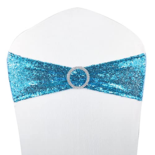 MYS QiQi Pack of 10 Stretch Sequin Chair Sashes, One-Sided Sequin with Buckle, for Wedding Party Chair Cover Decoration, Stretch Spandex Chairs Bands (10 PCS Azure)