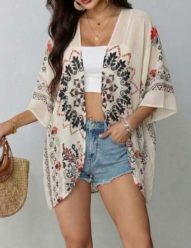 Image of Chunoy Women Floral Beach Wear Cover Up Chiffon Kimono Cardigan Open Front Blouse Top