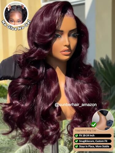 Image of Sunber Purple Black Cherry 13x4 Pre-Everything Body Wave Wig Human Hair 22 inch | Bye Bye Knots 13x4 HD Lace Frontal Glueless Wigs Pre Plucked Pre Bleached Knots 180% Density 3S Put On and Go Wigs