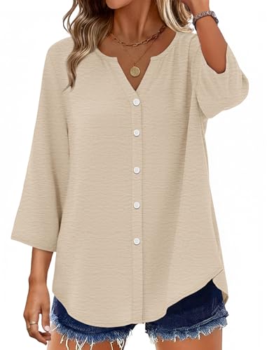 Image of OFEEFAN Button Down Shirts for Women 3 /4 Length Sleeve Tops V Neck Blouses Business Casual Outfits Loose Fit