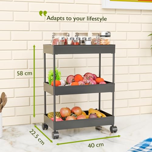 Image of TEKCOOL Plastic Storage Rack for Bedroom /Shelf for Bedroom /Bathroom Storage Rack /Trolley for Kitchen Storage /Multipurpose Storage Rack (Black, 3 Layer)