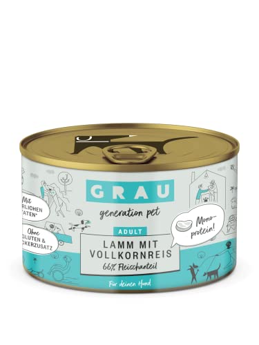 GRAU – das Original – Nassfutter für Hunde - Lamm mit Vollkornreis, 6er Pack (6 x 200 g), Monoprotein, glutenfrei, für Erwachsene Hunde