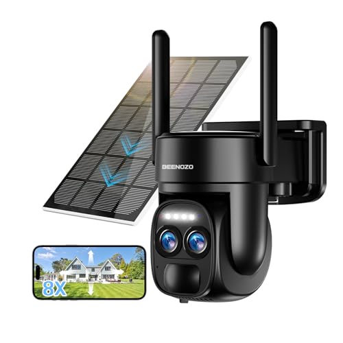 BEENOZO [ 8X Zoom 4K 5Dbi Telecamera Wi-Fi Esterno Batteria senza fili,360°PTZ Videocamera Sorveglianza con Pannello Solare,Visione Notturna a Colori,Rilevazione di Movimento PIR,Audio a 2 Vie,IP66