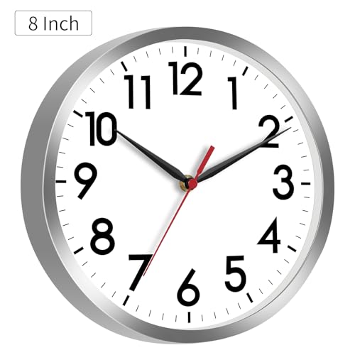 Image of AKCISOT Wall Clock, Modern Small Wall Clocks Battery Operated 8 Inch, Silent Non-Ticking Analog Classic for Office, Home, Bathroom, Kitchen, Bedroom, School(Silver)