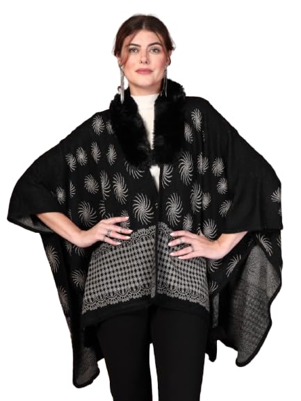 mafadeny Shawl Collar Poncho with Faux Fur & Silver Swirl Embroidery-picture-23