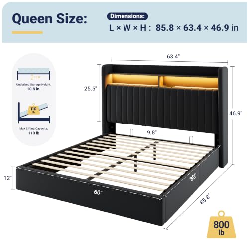 Image of Allewie Queen Size Lift Up Storage LED Bed Frame, Charging Station, Black