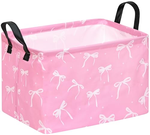 Image of Baby Storage Basket Nursery Box Laundry Hamper Organization Bins for Toys and Clothes with Handles (Pink Bow)