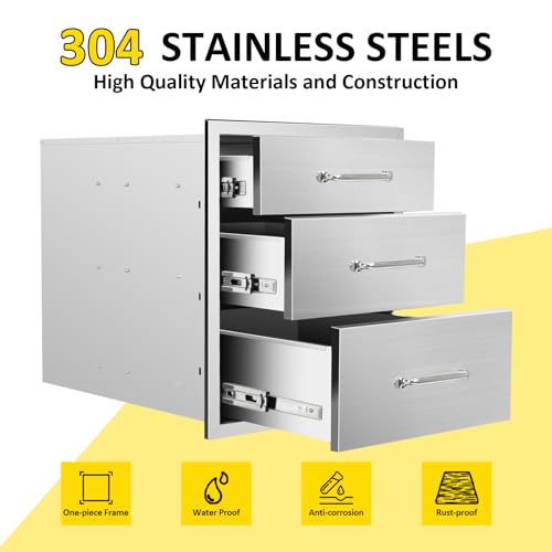 Image of Outdoor Kitchen Drawers 18 inch W x 21 inch H x 23 inch D Flush Mount Triple BBQ Drawers with Chrome Handle Stainless Steel Drawer for Outdoor Kitchen Island, Patio Grill Station