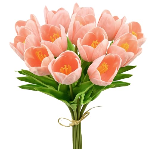 Mandy's 12pcs Light Pink Partially Open Artificial Tulip Silk Fake Flowers 13.5" for New Year Spring Mother's Day Easter Gifts in Bulk Home Kitchen Wedding Decorations
