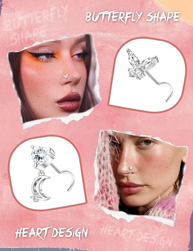 Sanfenly 12 PCS 20G Nose Rings Surgical Stainless Steel, L Shaped Nose Studs for Women Men, CZ Heart Butterfly Flower Leaf Moon Dangle Cute Nose Piercings Studs Screw Jewelry Pink/Purple/Blue/Clear2