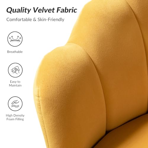 Image of HULALA HOME Velvet Accent Chair with Shell Shaped Back, Modern Cute Living Room Bedroom Armchair Sofa Chair with Gold Legs, Comfy Upholstered Vanity Chair for Makeup Room, Mustard