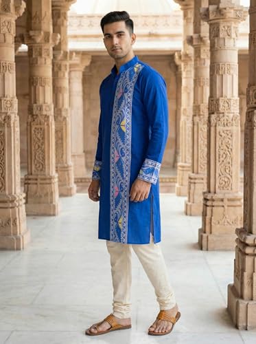 Image of Men's Jamdani Printed Kurta Pajama Set | Pure Cotton Ethnic Kurta with Mandarin Collar & Dupion Silk Pyjama | Festive & Weddings 303A12A 303SB12B(M XXL)