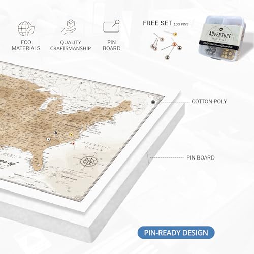 Image of IPIC - Custom Canvas USA Map for Wall Decor, Push Pin Board Decor to Mark Travels, Personalized Artwork with Names and Message on, USA Travel Map Print for Home, Office, Study, and RV