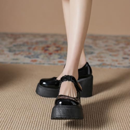 Image of Women's Platform Mary Janes Heart Cat Buckle Rivets Ankle Lolita Gothic Princess Platform Pumps Patent Leather Thorn Vintage Traditional Embroidery Upper Dress Shoes