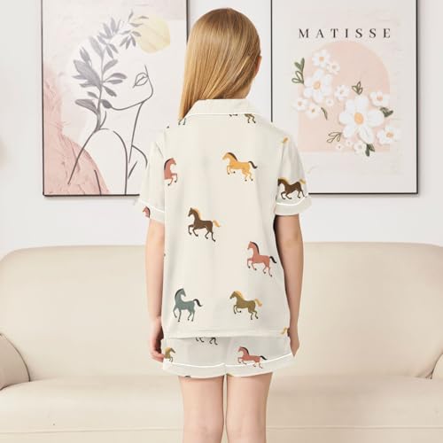 Satin Pajama Sets Short Sleeve Cute Horses Seamless Pattern Button Down Silky Nightwear 2 Piece PJS 5-14Y4