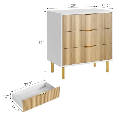 GarveeHome Natural Dresser, Modern 3 Drawer Dresser for Bedroom with Gold Handle and Large Drawer, Wood Double Chest of Drawers and Storage Organizer for Living Room, Hallway, Entryway