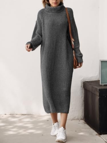TIAFORD Women Winter Sweater Maxi Dress Oversized Turtleneck Long Sleeve Sweater Pullover Dress Casual Loose Knit Shift Dress2