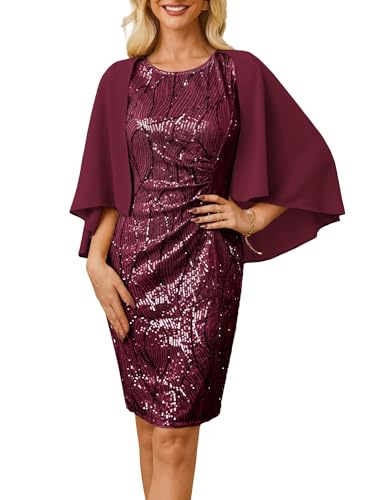 GRACE KARIN Abendkleider Elegant für Hochzeit Rundhals Wickelkleid Kurz Party Cocktailkleider Festlich Pailletten Kleider mit Tüllschal Weinrot S