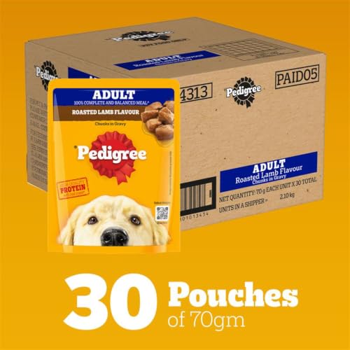 Image of Pedigree Adult Wet Dog Food, Roasted Lamb Flavour Chunks in Gravy, 70 g (Pack of 30), Made with Real Meat, Complete & Balanced Nutrition for Adult Dogs