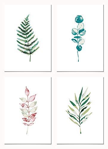 Panorama Pack de 4 Pósters Plantas Botánicas - 21x30cm - Impreso en Papel de 250gr - Láminas de Hojas Verdes - Conjunto de Pared - Cuadros Botánica