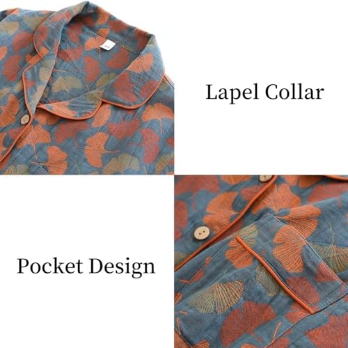 Vintage Leaf Cotton Lapel Loungewear Set, Ginkgo Leaf Neckline Button Colorful Floral Pure Pajama, Pajama Two Piece Set3