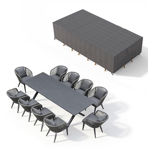 Image of PURPLE LEAF 11 Pieces Patio Dining Set with Waterproof Furniture Cover Rectangular Table and Chairs Set for Garden Deck Aluminum Frame Backyard Kitchen Set, Cushions and Pillows Included Grey