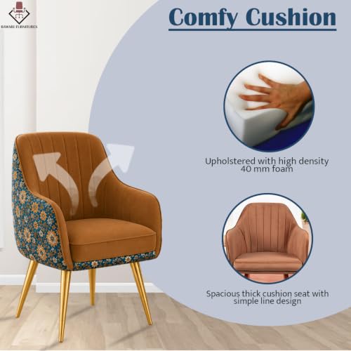 Image of Set of 2 Accent Chair for Living Room | Modern Armchair in Soft Velvet Fabric with Sturdy Legs | Premium Chair for Home Living Room Bedroom Restaurent | (Gold Legs, Light Brown Floral)