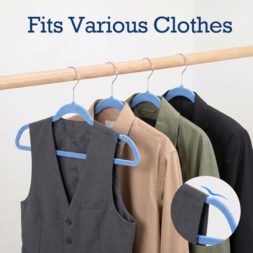 Image of HOUSE DAY Tranquil Blue Velvet Hangers 60 Pack, Non Slip Clothes Felt Hanger Heavy Duty for Coat, Premium Slim Space Saving Suit Hangers for Closet Organizer, 360 Rotating Silver Hook